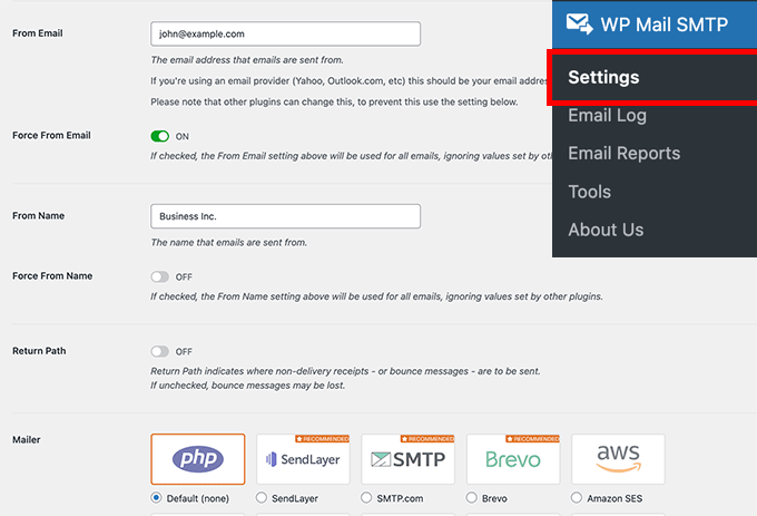 WP Mail SMTP Settings