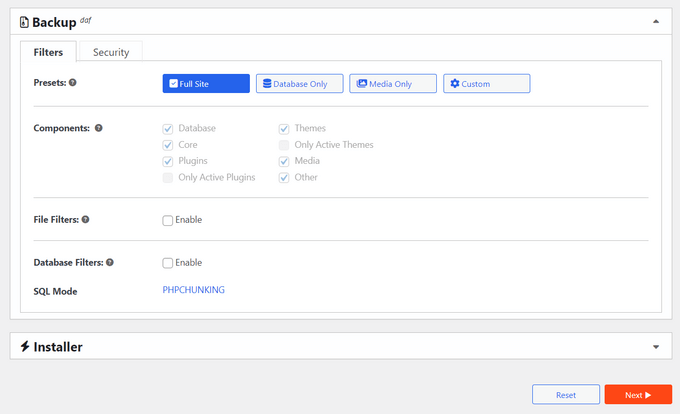 Create a full backup or customize your backup