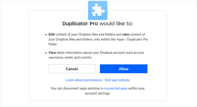 Allow access to Dropbox account