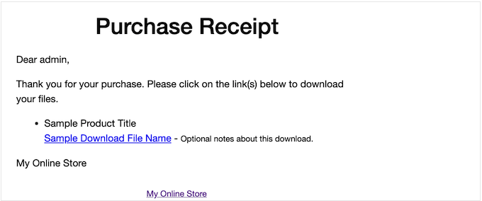 The default Easy Digital Downloads purchase receipt