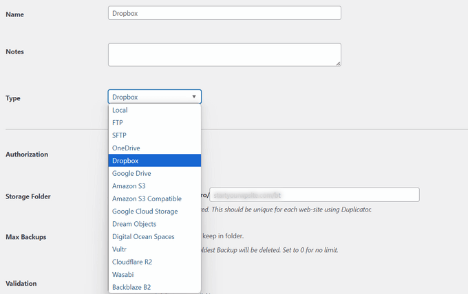 Select Dropbox as type