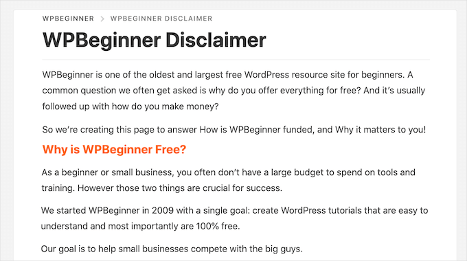 WPBeginner disclaimer page