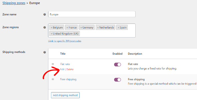 Edit shipping method