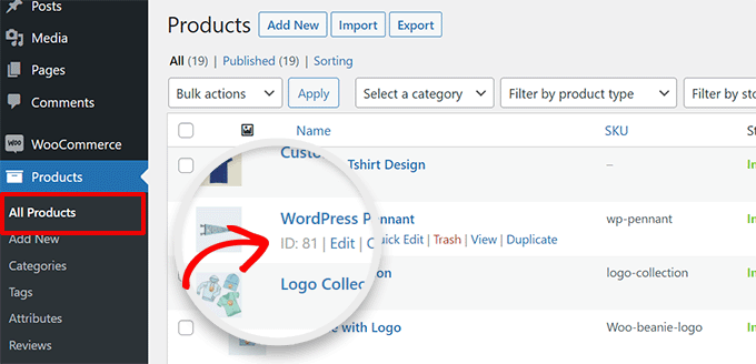 The product ID is displayed under the product title on the All Products page