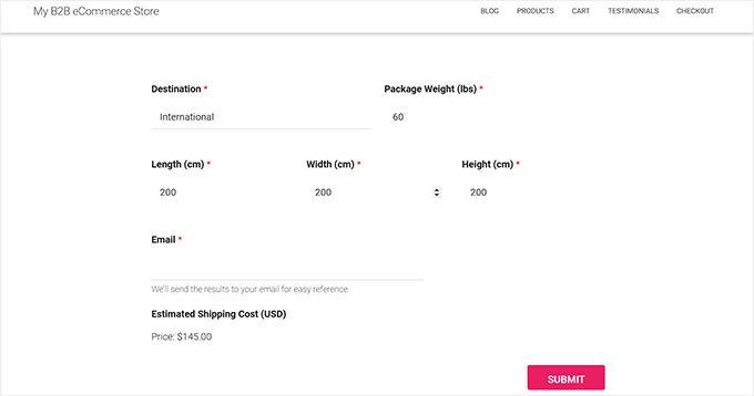 Shipping cost calculator form preview