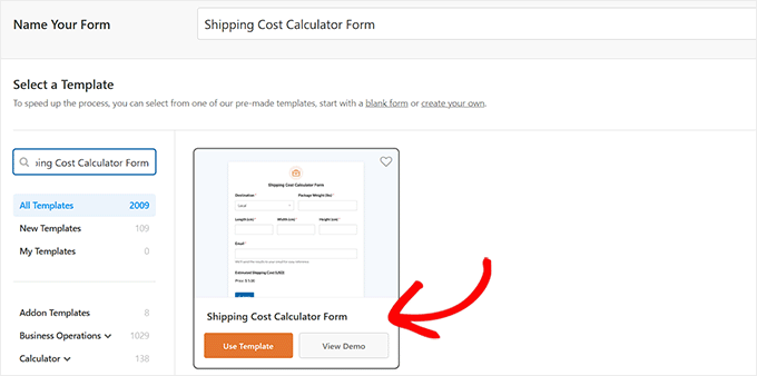 Shipping cost calculator form template