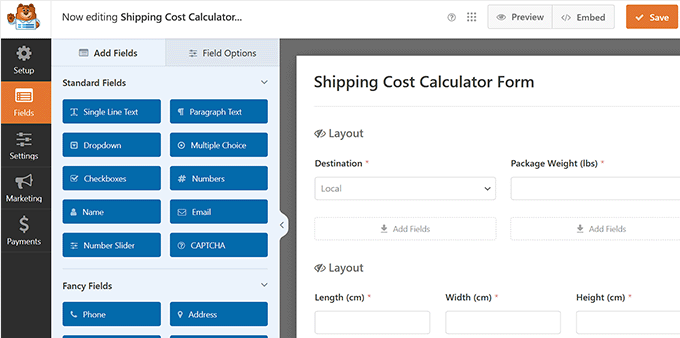 Shipping cost calculator form