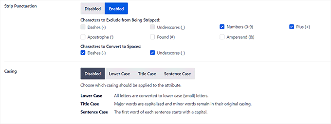 Strip punctuation and casing settings