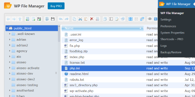 Php.ini dosyasını dosya yöneticisi eklentisinde görüntüleyin