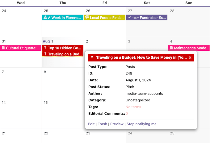 How to see more information about a page or post in a content calendar