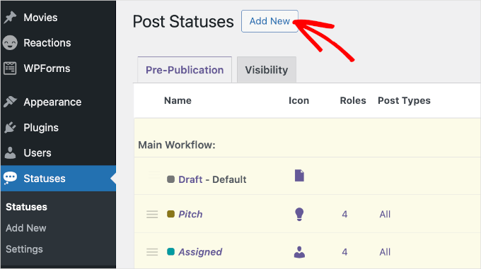 The add new button in PublishPress Statuses