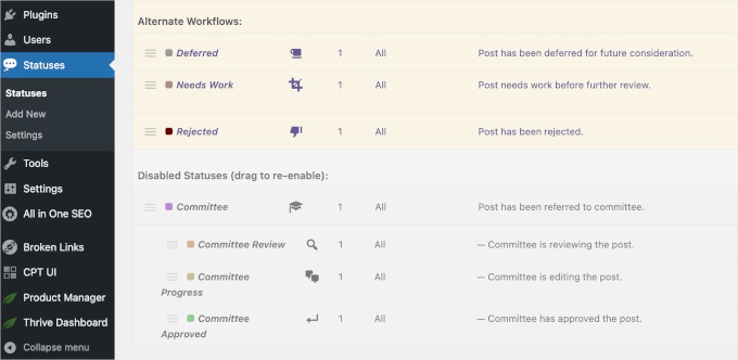 Alternative and disabled custom post statuses