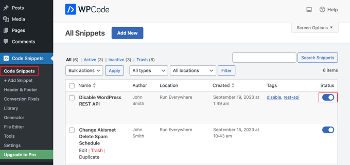 یک قطعه کد را در WPCode غیرفعال کنید