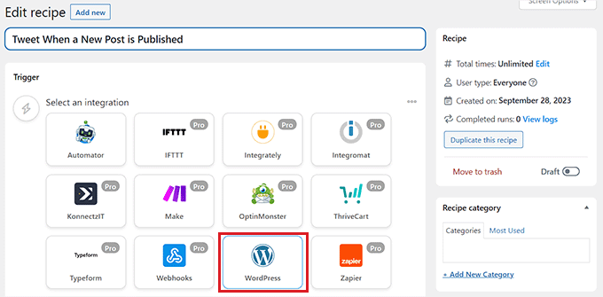 Choose WordPress as trigger integration