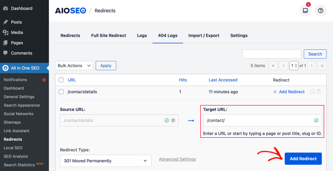 How to set up a redirect using AIOSEO