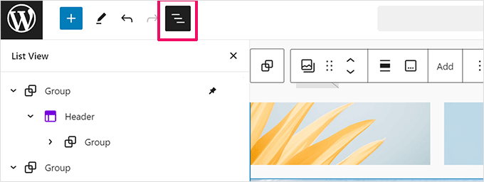 List view in WordPress editor