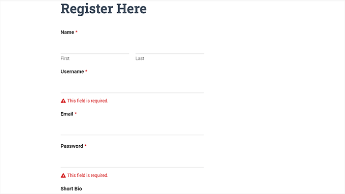 Registration form preview