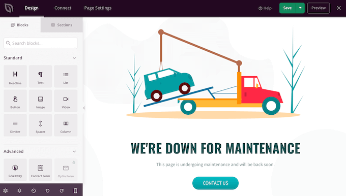Creating a maintenance mode screen using a page builder plugin