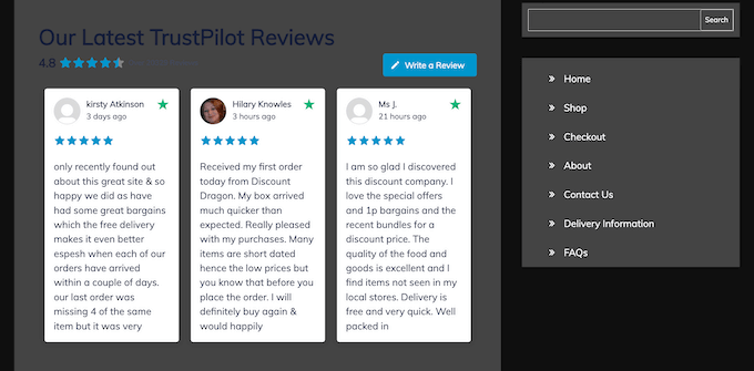 An example of TrustPilot reviews, embedded on a WordPress site