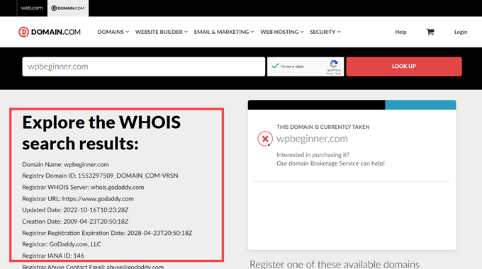 The results of a Whois lookup on the IP address of the Web servers that