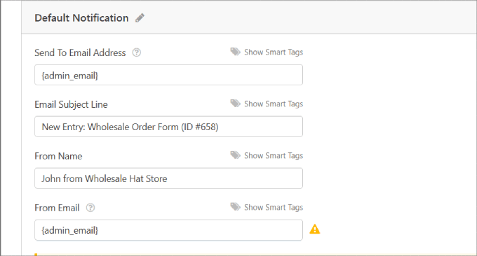Default notification wpforms 