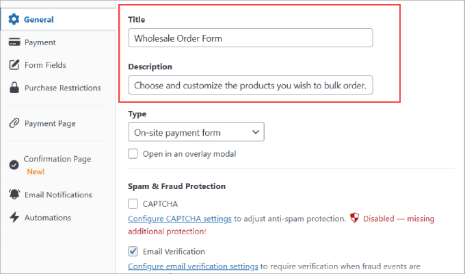 Title and description of payment form 