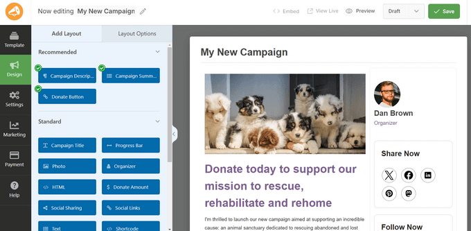 Drag and drop Charitable campaign builder