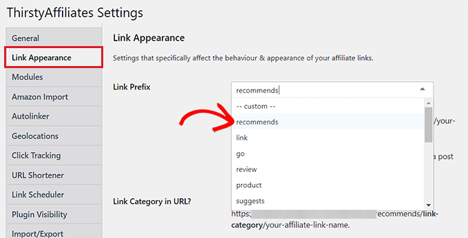 Choose a link prefix from the dropdown menu