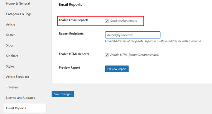 Enable email reports