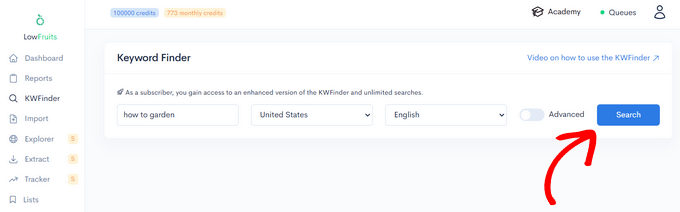 Enter seed keyword into the LowFruits Keyword Finder