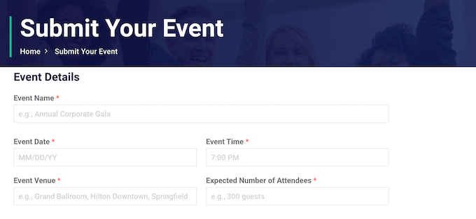 An example of an event submission form, created using WPForms