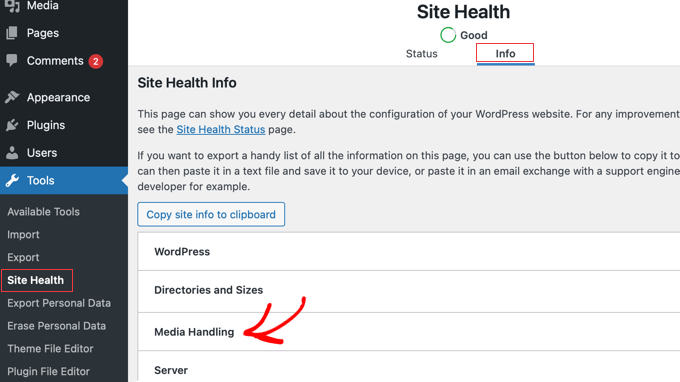 View Media Handling on the WordPress Site Health Page