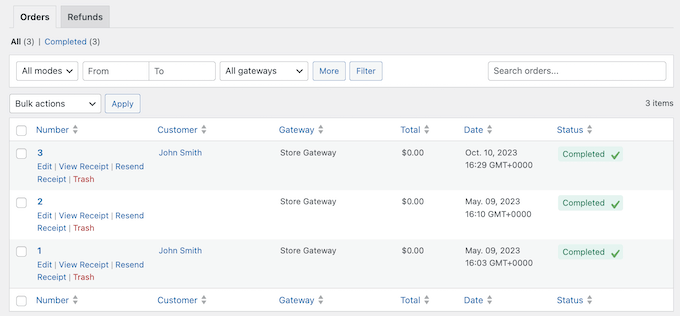 Managing digital orders in the WordPress dashboard