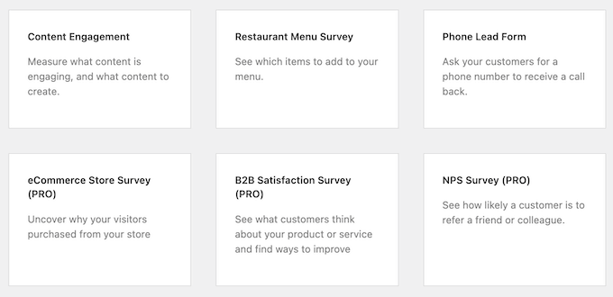 UserFeedback's ready-made quiz templates 