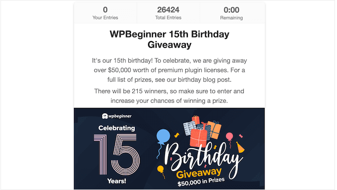 A WPBeginner giveaway, created using RafflePress