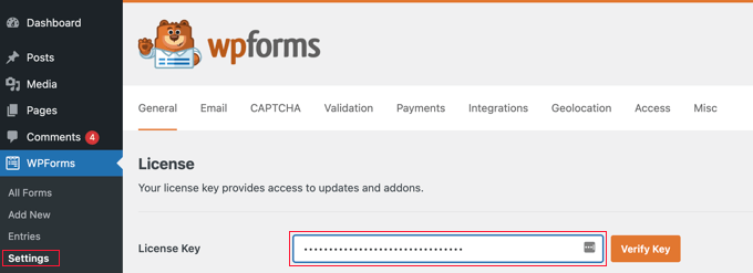 Entering your WPForms license key