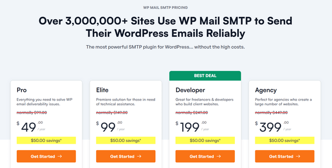 WP Mail SMTP's pricing plan page