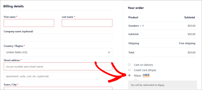 Alipay checkout option 