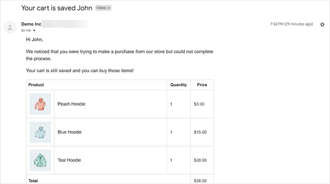 Abandoned cart email preview