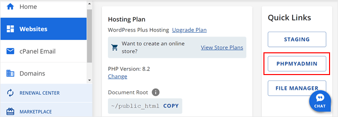 导航到 Bluehost 中的 phpMyAdmin