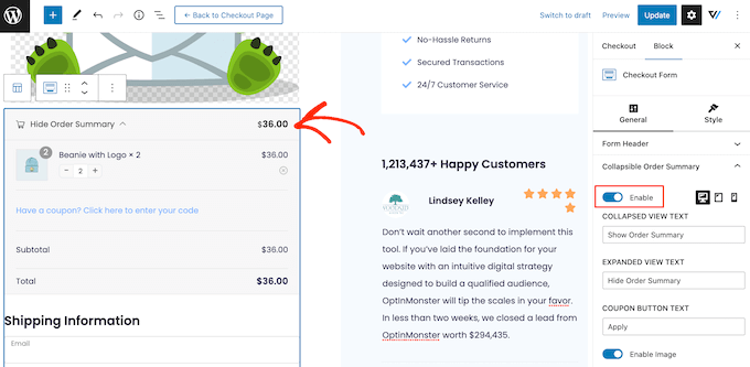 A collapsible order summary on a checkout page