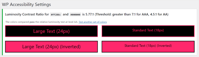 WP Accessibility color contrast test results