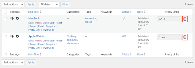 Managing your affiliate links in the Pretty Links dashboard