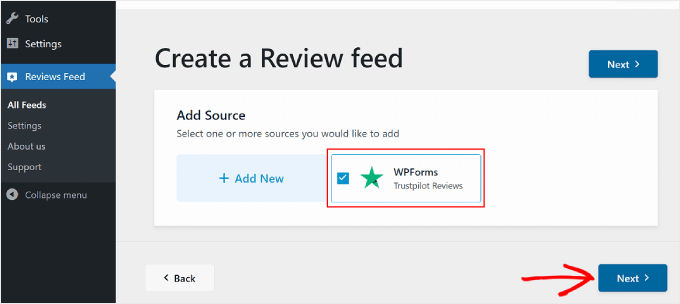 Selecting a review source to create a review feed for using the Reviews Feed Pro plugin