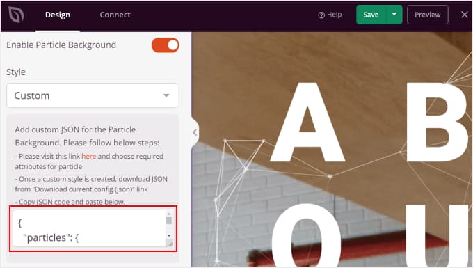Inserting the JSON code in the particle background settings of SeedProd