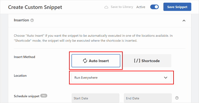 Applying the code snippet everywhere using WPCode