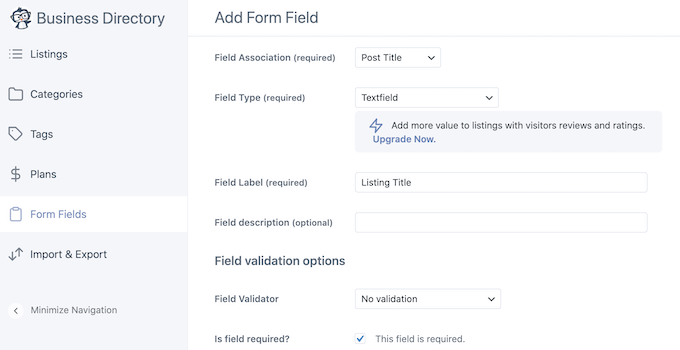 Customizing the form fields in a business listing