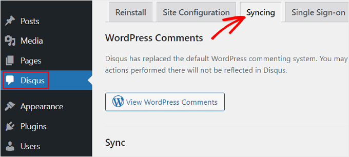 导航到 Disqus WordPress 插件中的“同步”选项卡