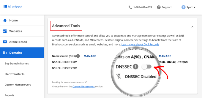 Disabling DNSSEC on Bluehost