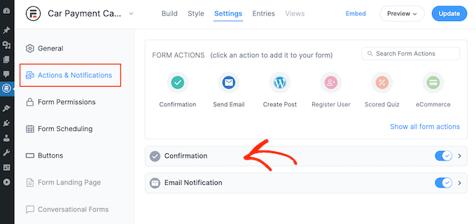 Changing the form submission settings in Formidable Forms